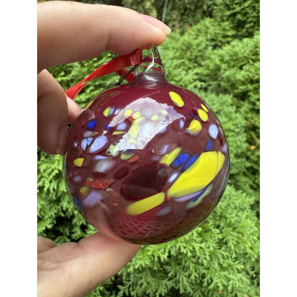 Hand-Blown Art Glass Ornament Red Swirls With Blue‎ & Yellow Colors Blended In